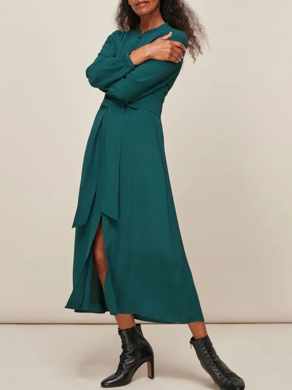 NWT Whistles Teal Long Sleeve Tie Waist Midi Dress Size 10 Medium
